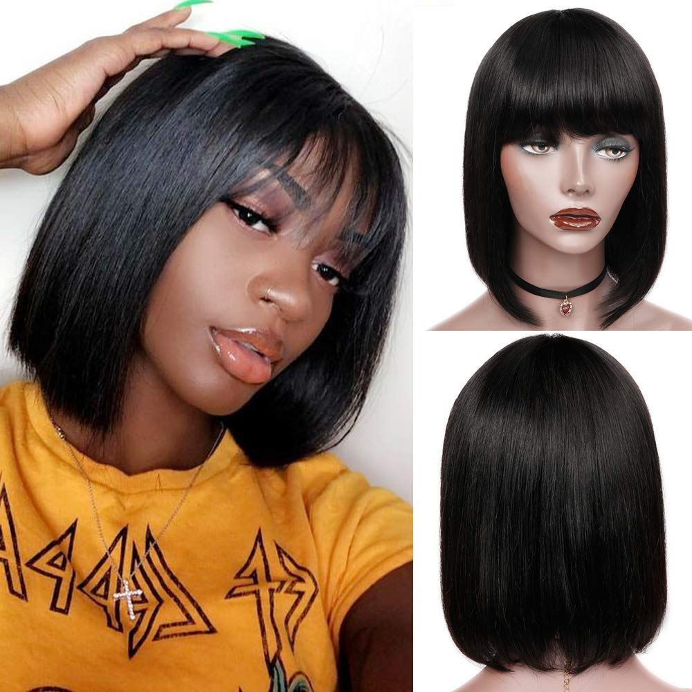 Rebasar Bob Human Hair Wigs with Bangs None Lace Front Wigs Brazlian Straight Hair Bob Wigs for Black Women Human Hair Glueless 