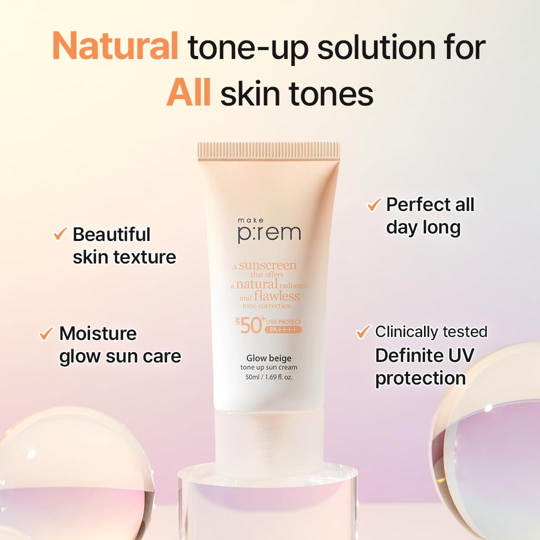 MAKE P:REM Glow Beige Tone Up Sunscreen, Foundation-Free Mineral Sunscreen, Skin Tone Correction, Lightweight, Korean Sunscreen,