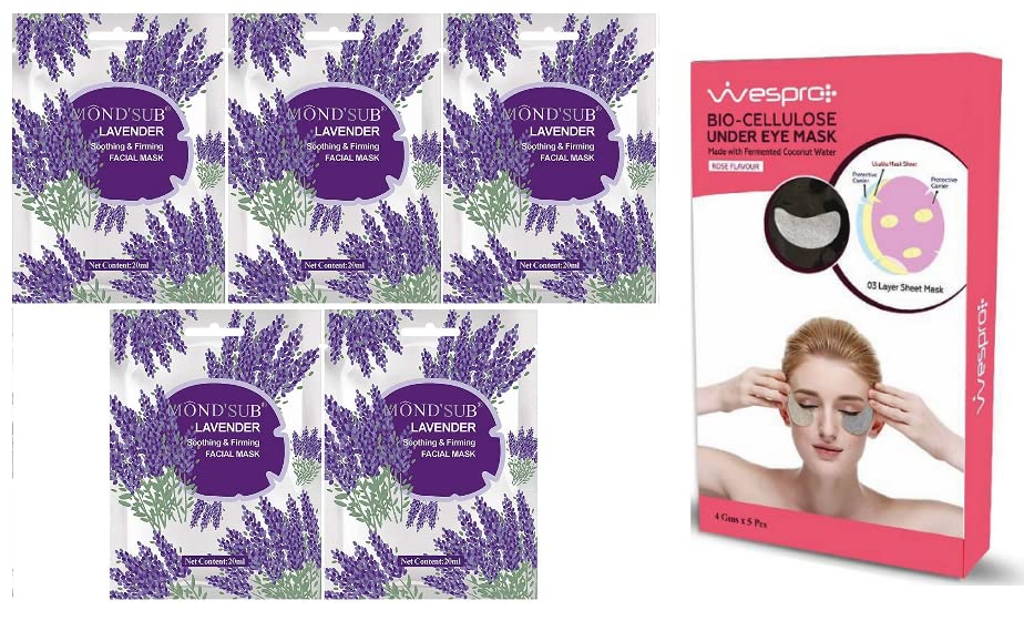 MondSub Lavender Soothing And Firming Face Sheet Mask  Pack Of 5 * 20Ml With Free Wespro BioCellulose Under Eye Mask Made Wit