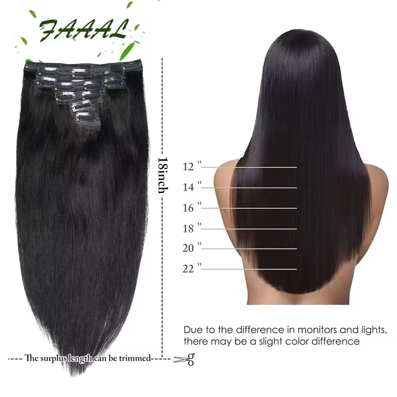 18'' Clip in Human Hair Extensions Full Head 150g 7 Pieces 16 Clips Jet Black Double Weft Brazilian Real Remy Hair Extensions Th