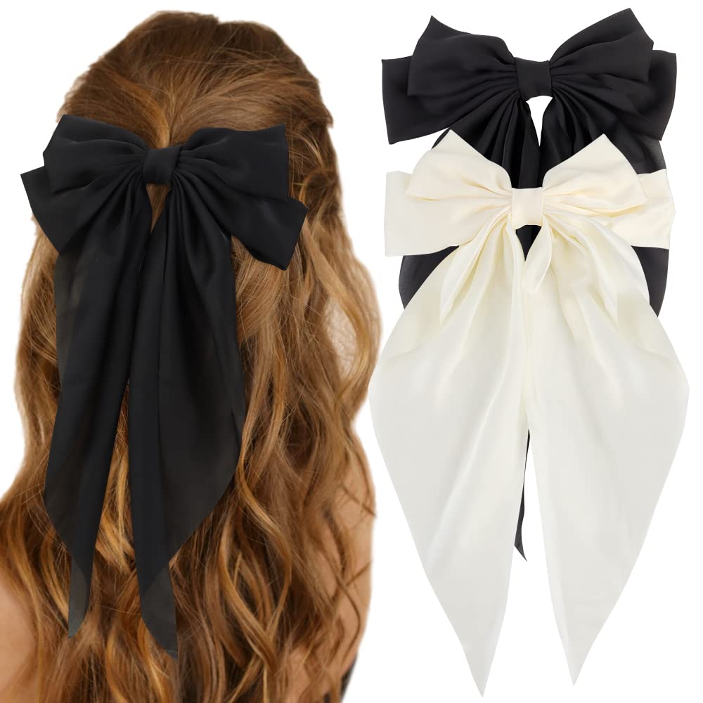 ATODEN Silky Satin Hair Bows 2 Pcs Big Hair Bows for Women Hair Ribbons Oversized Long Tail White Hair Bow Black Hair Bow Large