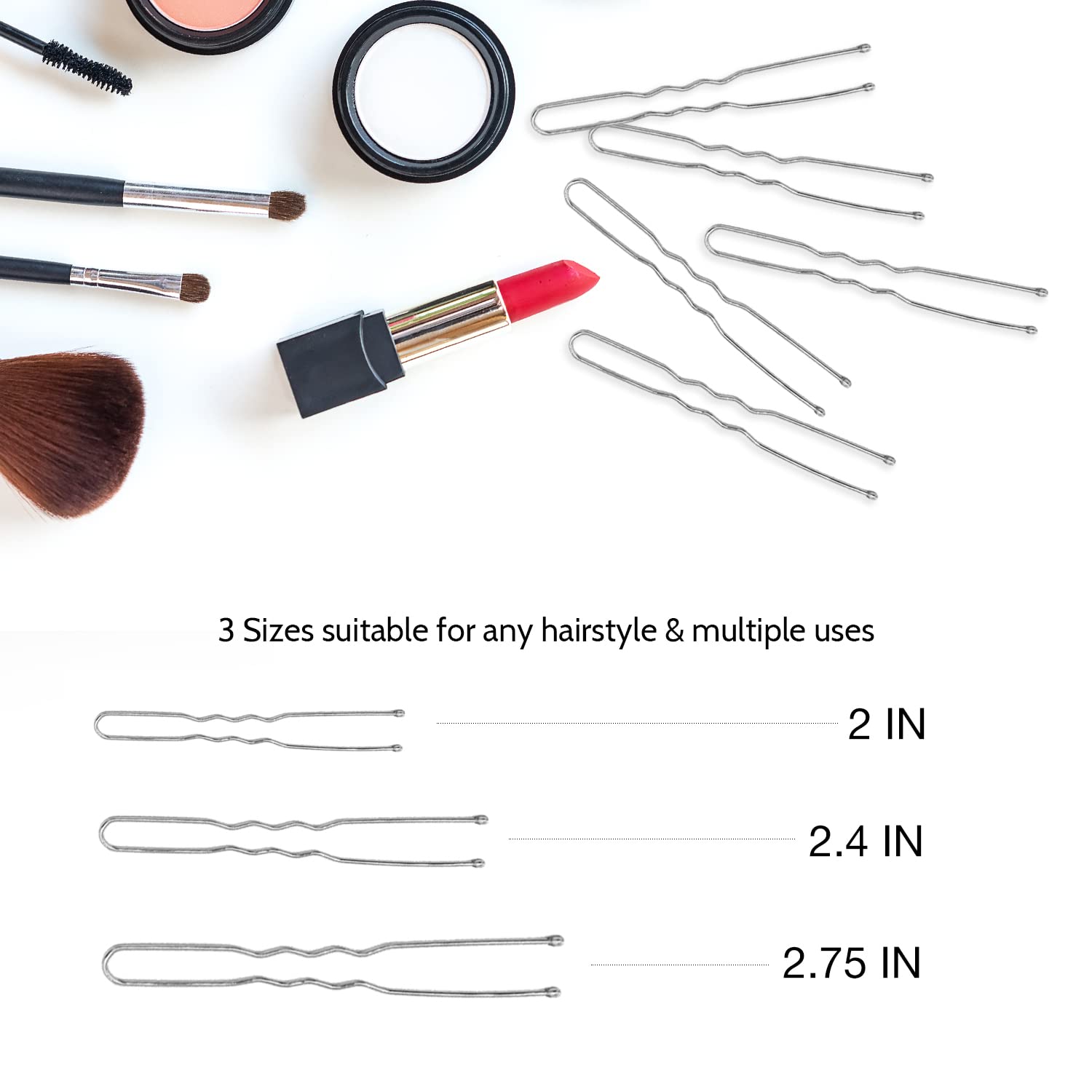 Hoyols U Shaped Hair Pins, Assorted Size Hair Bobby Pins, Metal Curved Curly Bun Clips Crimped Design with Ball Tips for Women G