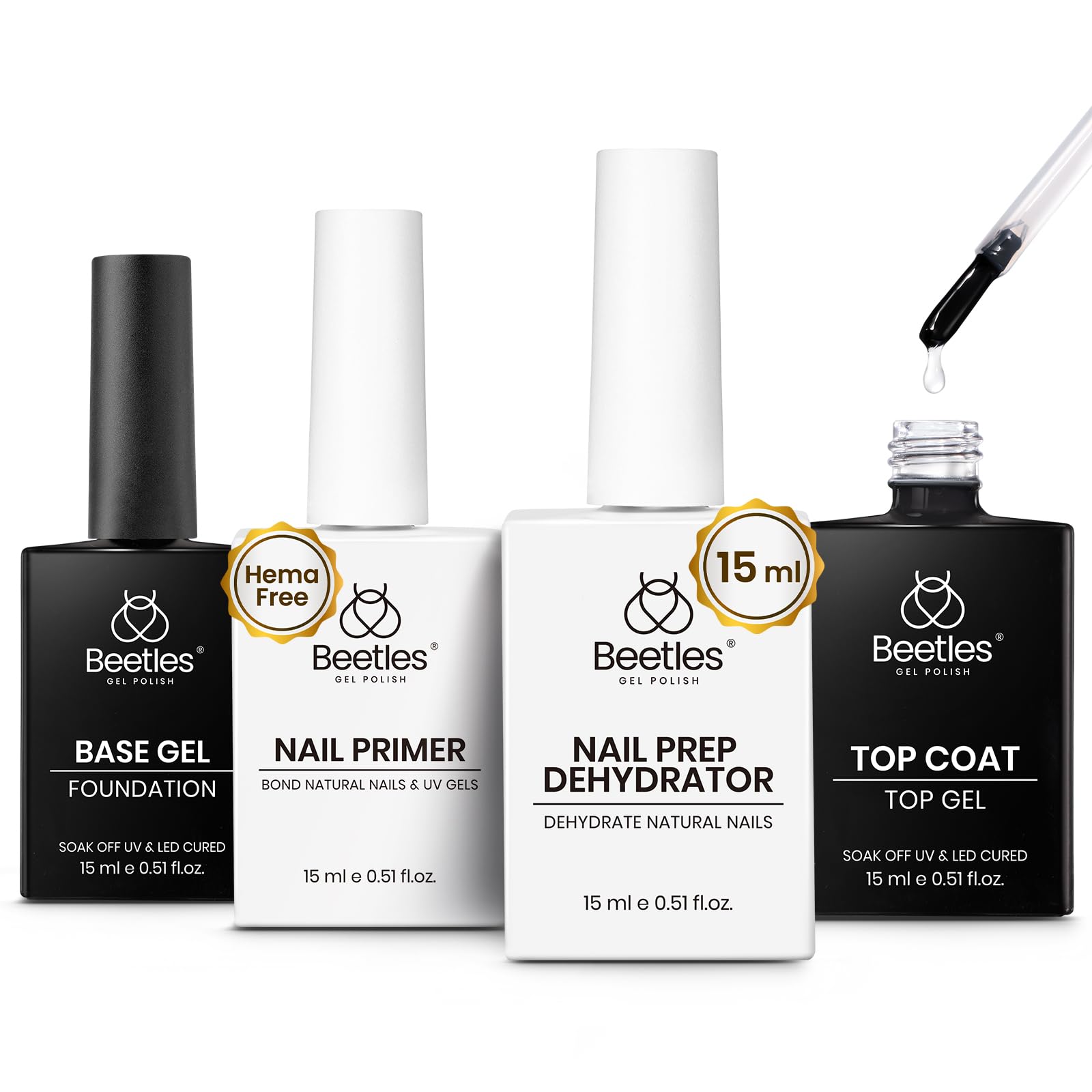 Beetles 4 Pcs 15ml Gel Top Coat and Base Coat Set with Nail Dehydrator and Primer,Professional Nail Prep Acid-Free & Hema-Free D