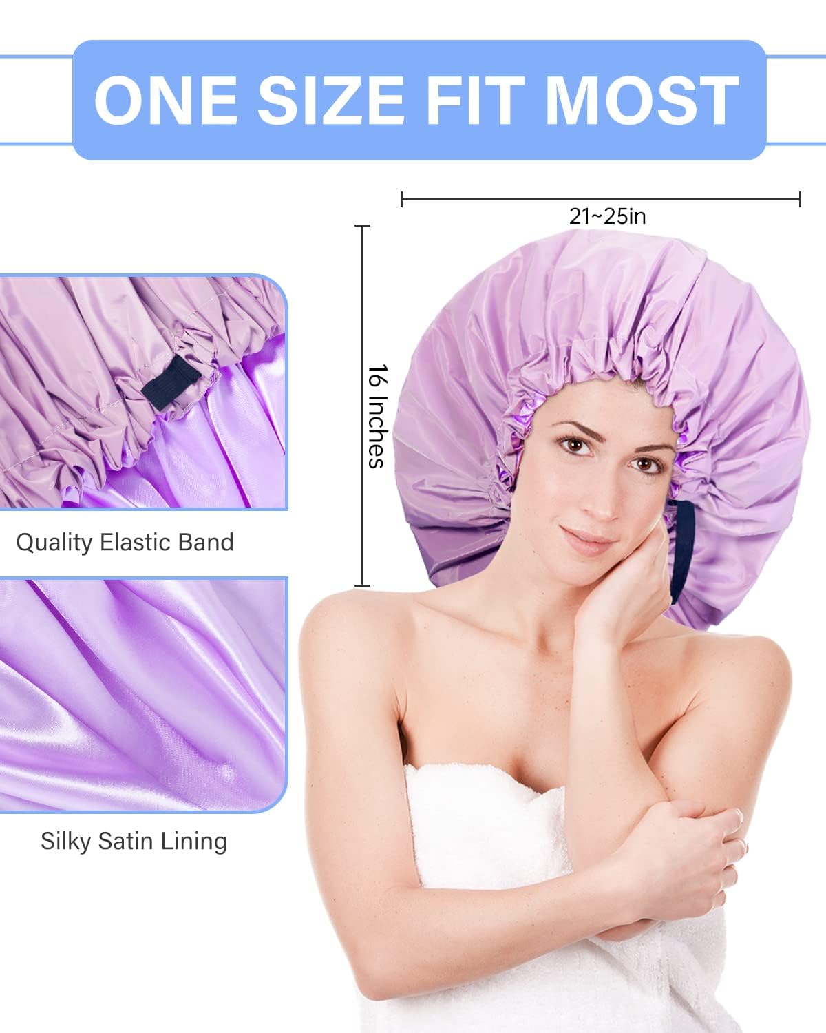 Aquior Shower Cap,Extra Adjustable Shower Caps For Women Double-Layer Waterproof Reusable Hair Cap, Large Size Hair Cap For All