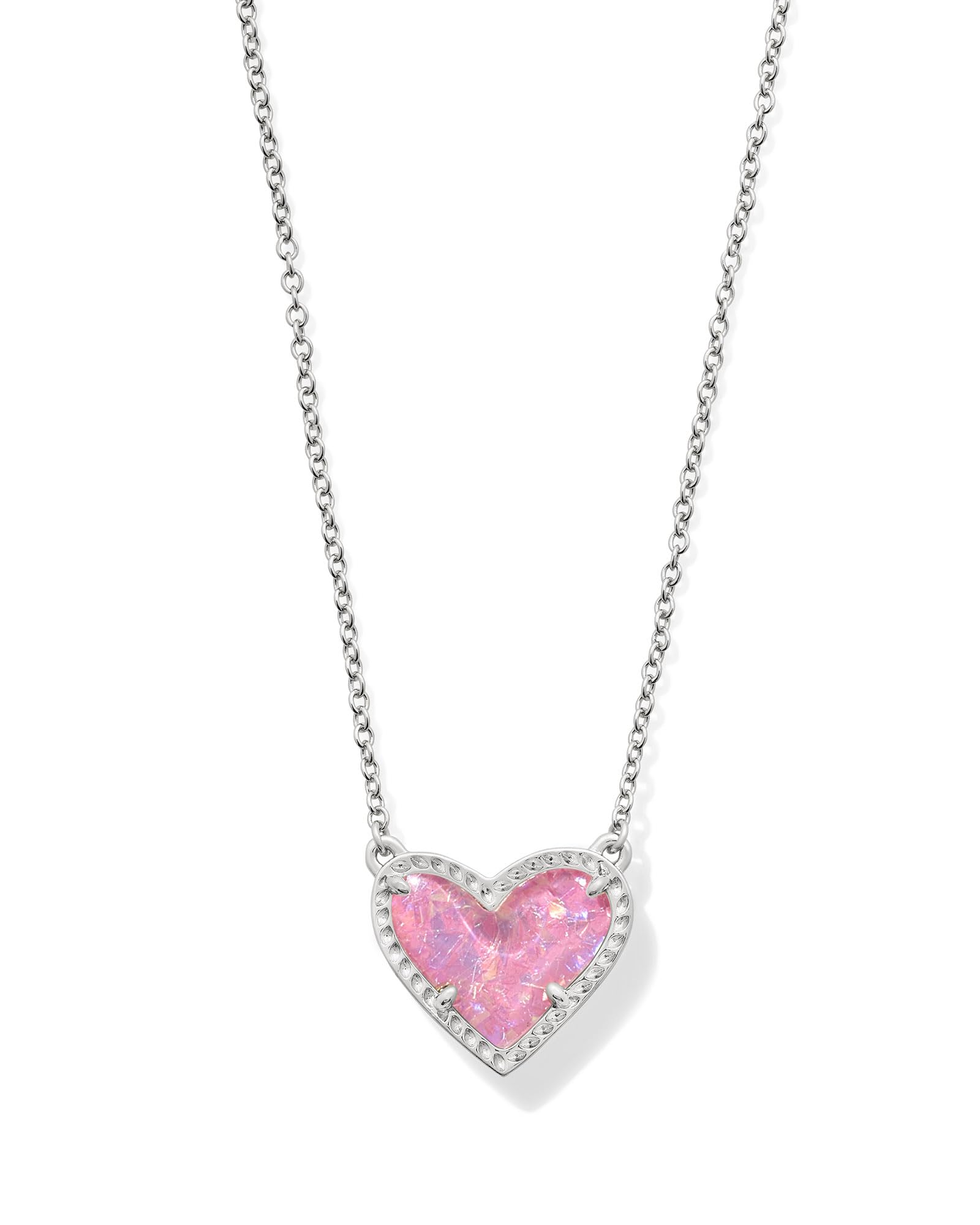 Kendra Scott Ari Heart Short Pendant Necklace in Pink Iridescent Glitter Glass, Rhodium-Plated Brass, Fashion Jewelry for Women