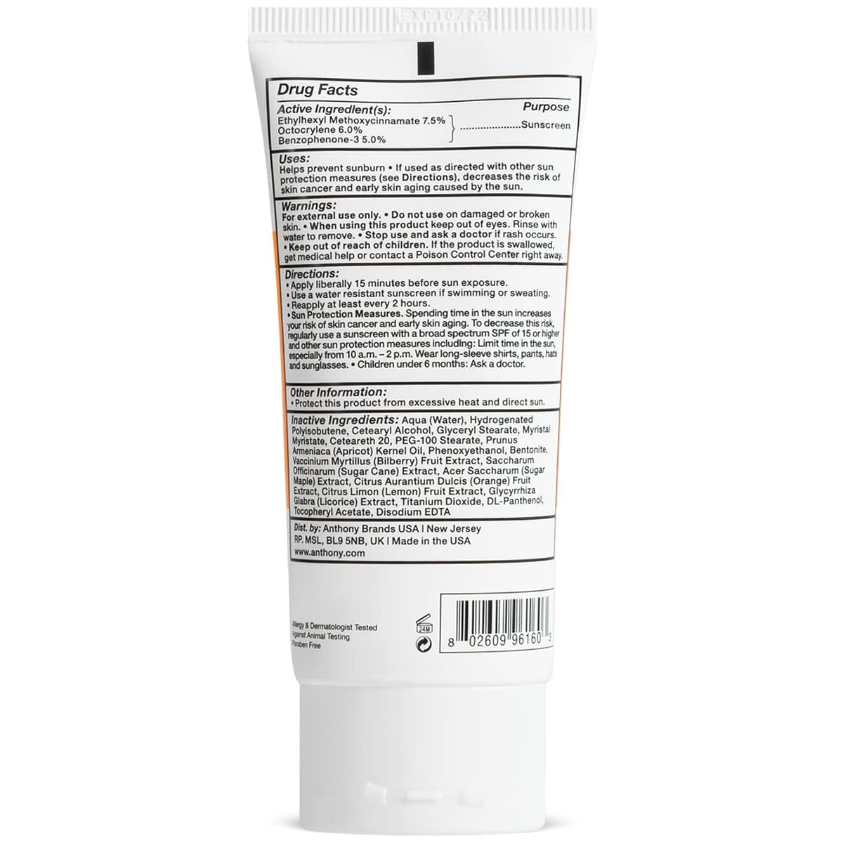 Anthony Day Cream Spf 30, 3 Fl Oz, Contains Squalane, Glycerin, Soy And Vitamin E, Hydrates, Nourishes, And Sunscreen Provides B