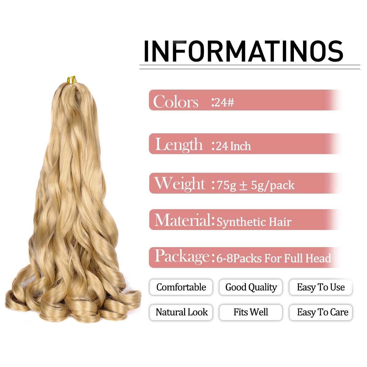 French Curl Braiding Hair 24 Inch Loose Wavy 8Pack Bouncy Curly Braiding Hair Extensions 75G/Pack #24 Blonde French Curl Synthet