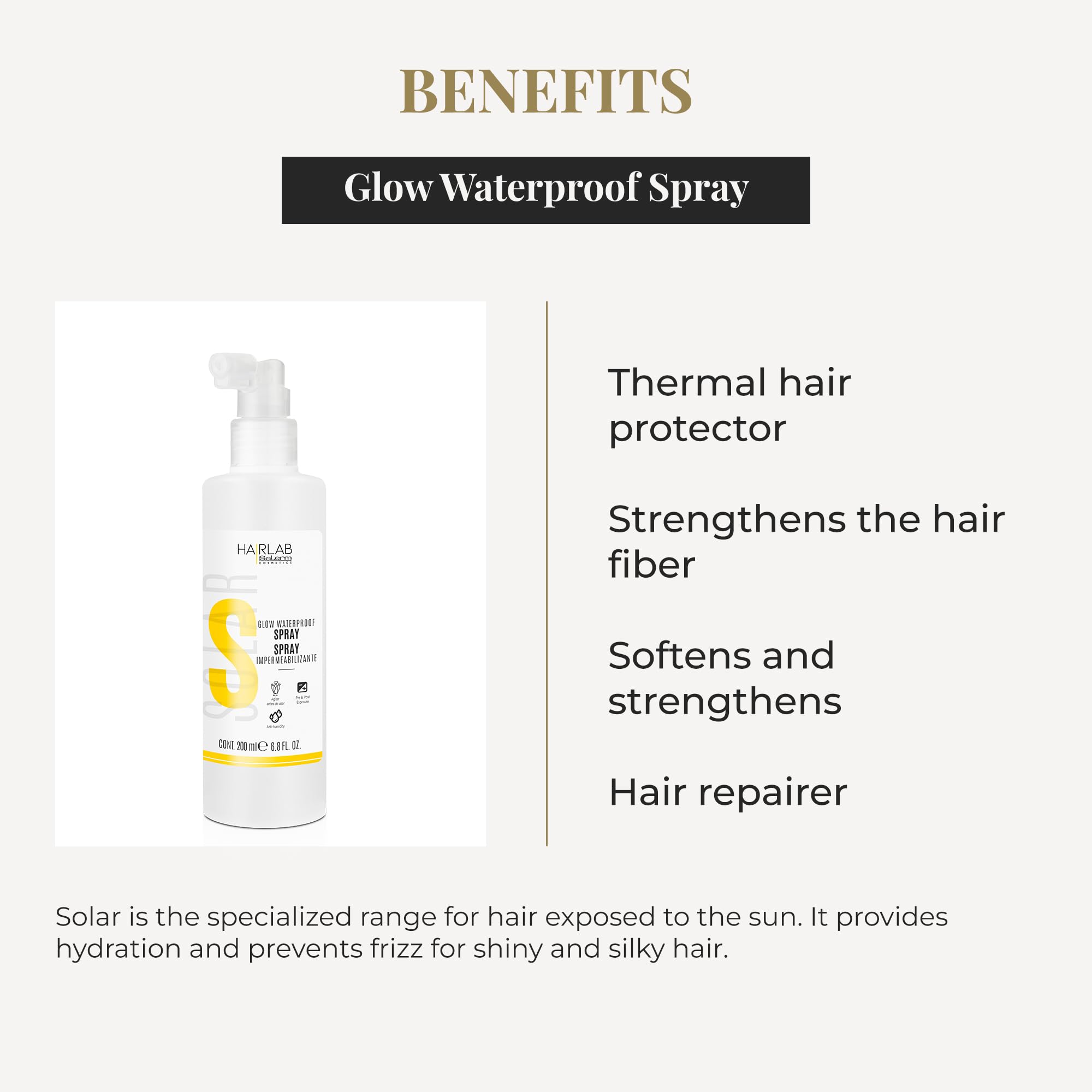 SALERM - Waterproof and Repairing Hair Spray - Hair Lab Solar - 200 ml - Thermal Hair Protector - for Dry or Sun-Damaged Hair -