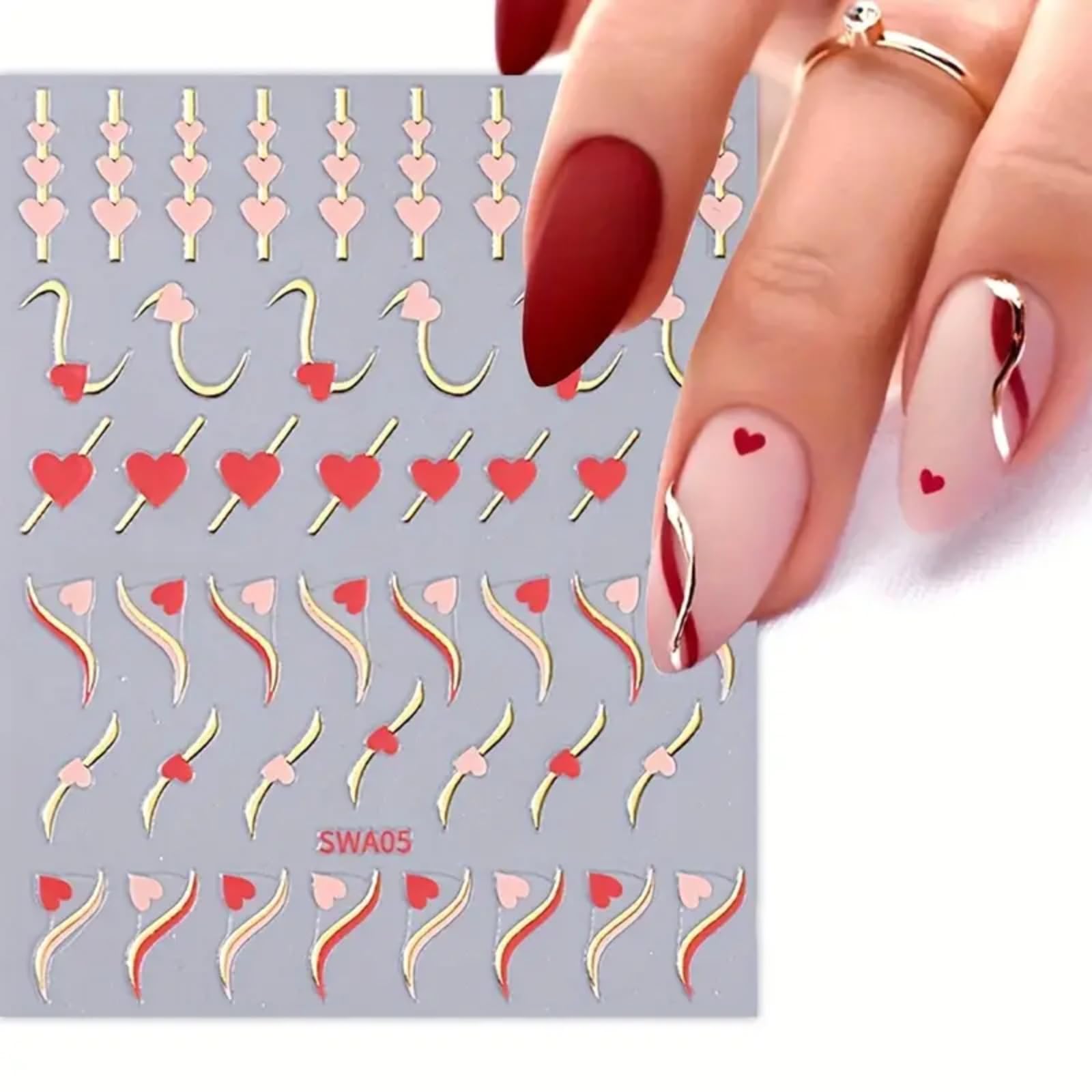 6 Sheets Valentines Day Nail Art Stickers 3D Self-Adhesive Heart Nail Stickers White Black Pink Red Hearts French Nail Design Na