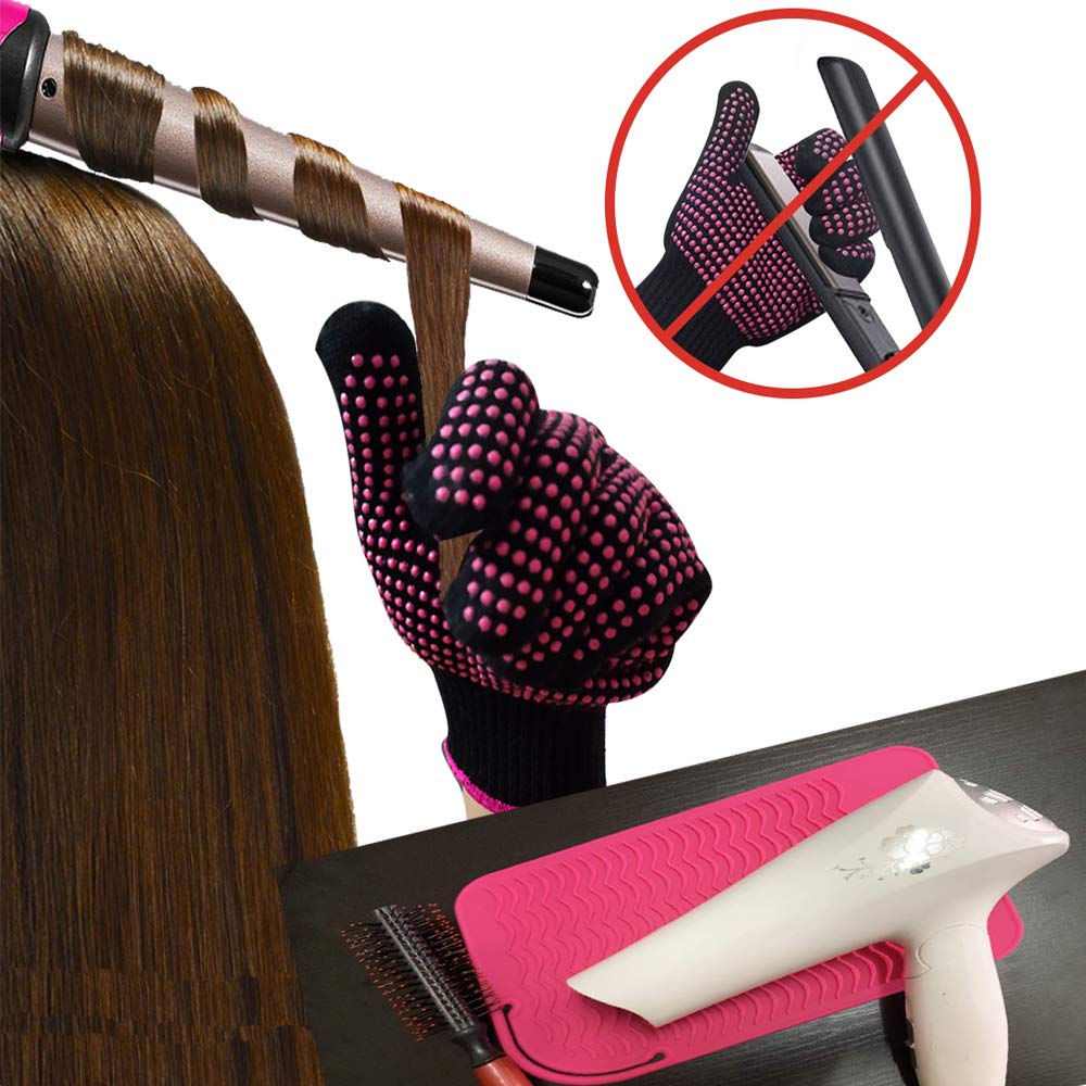 Heat Resistant Glove with Heat Resistant Mat for Curling Iron, Hair Straightener, Flat Irons, Silicone Bump Glove, 9