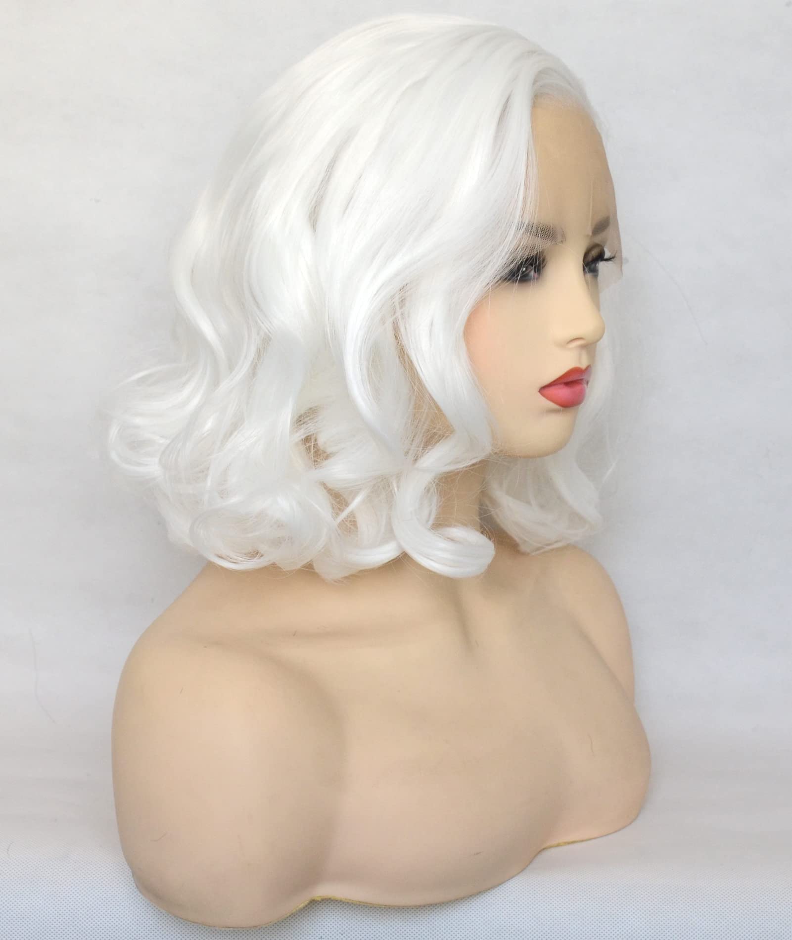 Bluple White Lace Front Wig Short Wavy Bob Style Platinum White 1001# Loose Wave Curly Synthetic Hair Side Part Half Hand Tied R