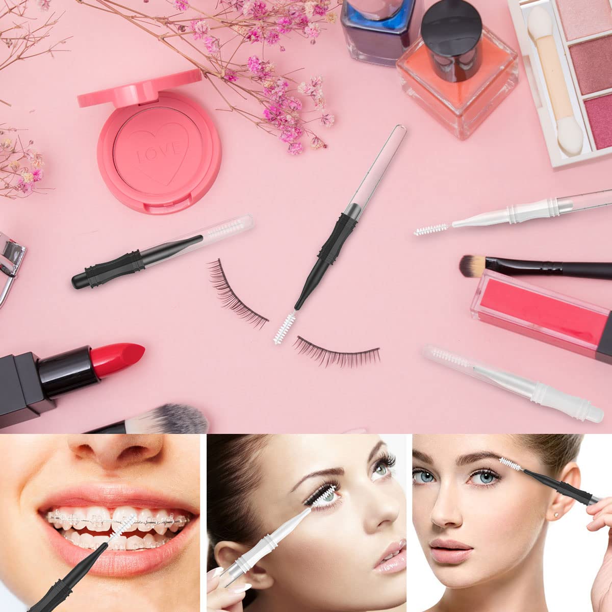 50 Pcs Micro Eyebrow Brush With Cap,Eyebrow Spoolie Brush Micro Eyebrow Lamination Brush 2 Size Multifunctional Micro Spooly Las