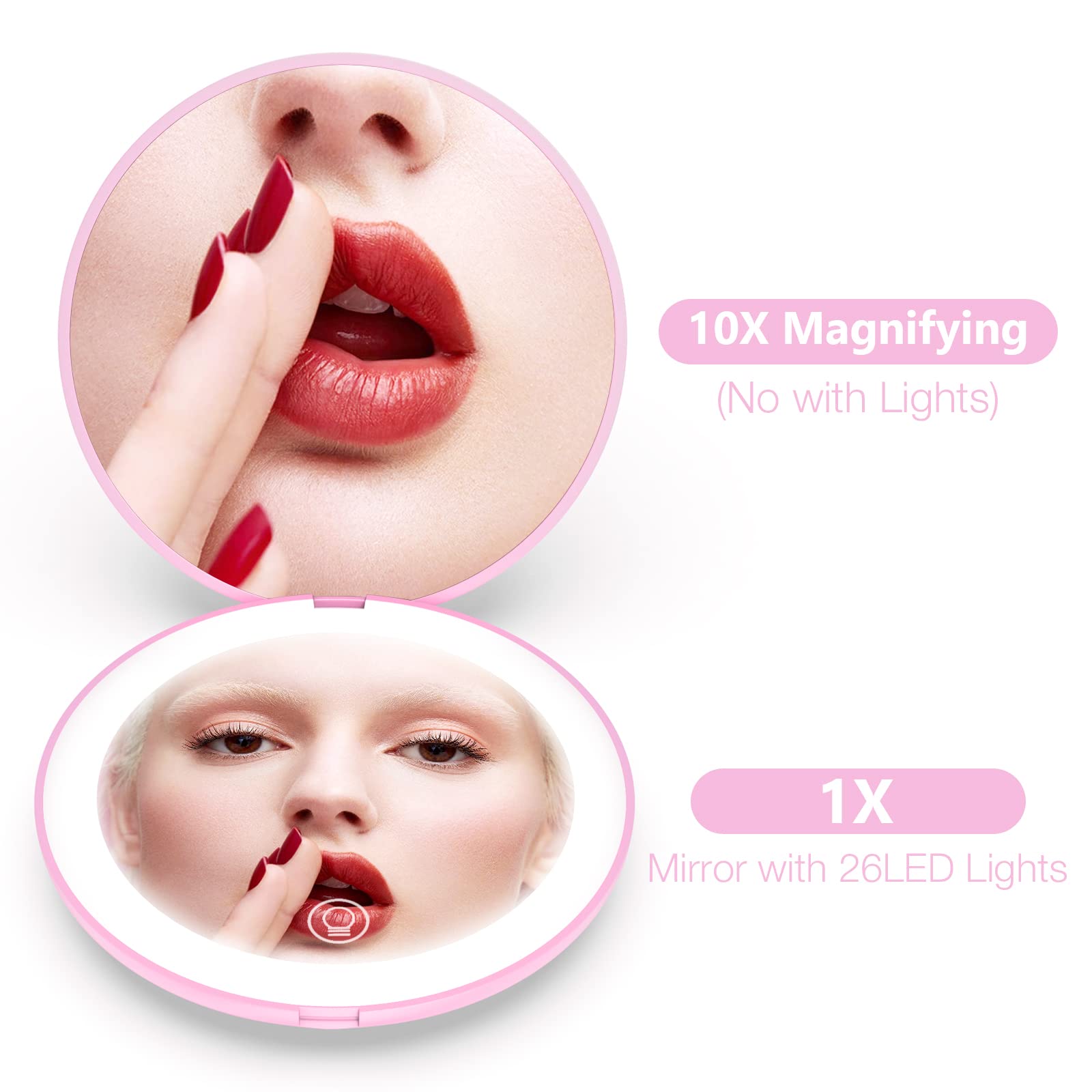 Wobsion Compact Magnifying Mirror,Rechargeable 1X/10X Magnification Travel Mirror With Light,Small Makeup Mirror,Pocket Mirror F