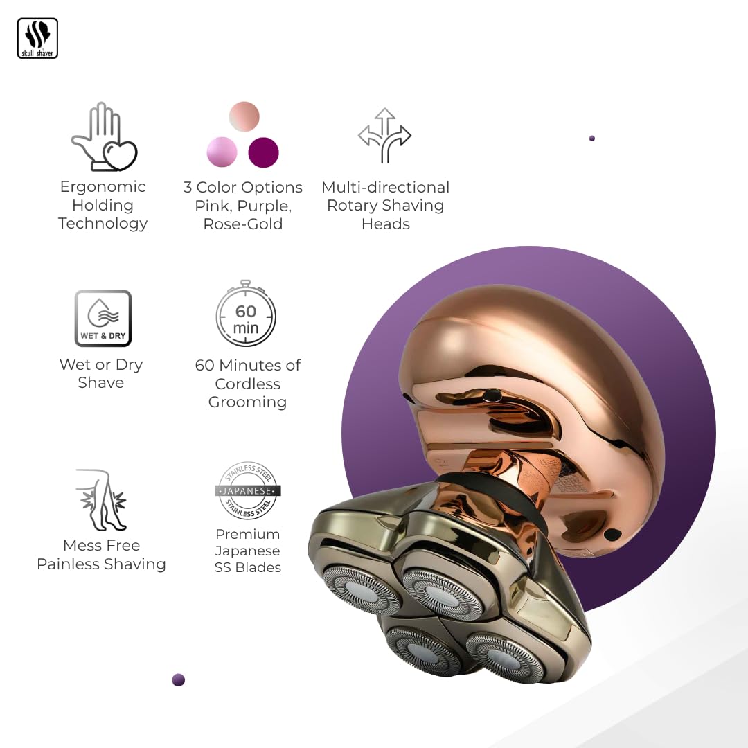 Skull Shaver Butterfly Kiss PRO Women's Electric Shaver - Wet & Dry, Ergonomic Design, Hypoallergenic Blades, Rose Gold, 1 Count