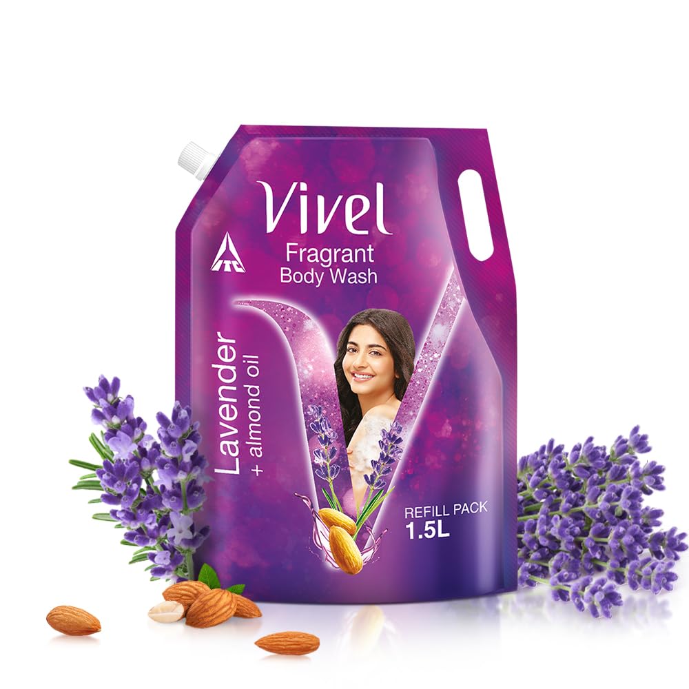 Vivel Fragrant Body Wash, Lavender & Almond Oil Shower Gel, 1500Ml Supersaver Xl Refill Pouch, Moisturizing Bodywash, Soft & Smo