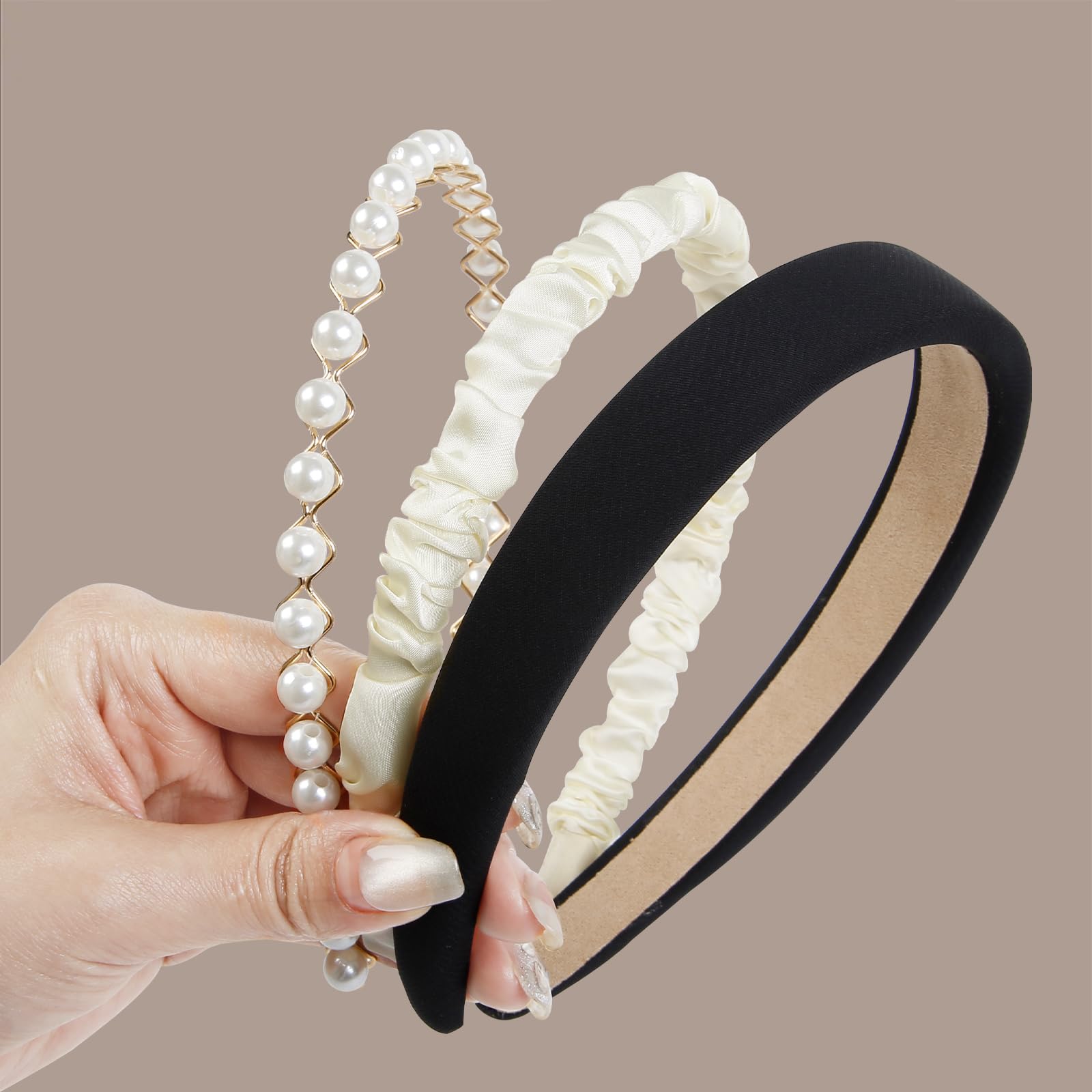 3PCS Black Head Bands, Fashion Headbands for Women Non Slip Wide Head Bands for Women's Hair Pearl Headband Trendy Padded Headba