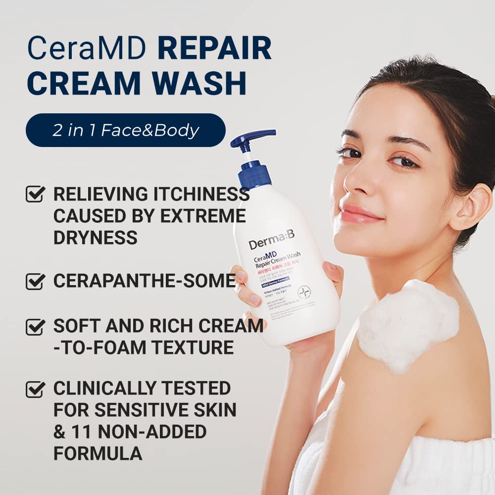 Derma B CeraMD Repair Cream Wash, Unscented Fragrance Free Creamy Face & Body Cleanser for Dry Sensitive Itchy Skin, Deep Moistu