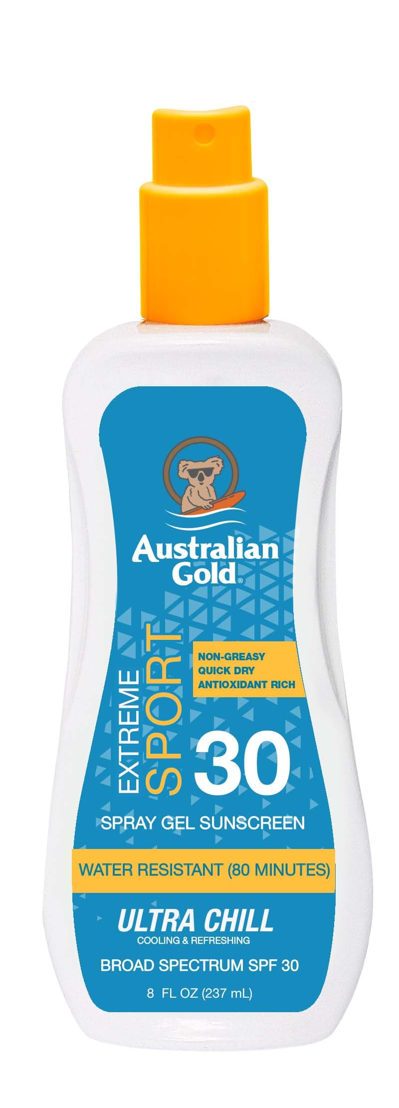 Australian Gold Extreme Sport Spray Gel Sunscreen SPF 30, 8 Ounce | Broad Spectrum | Sweat & Water Resistant | Non-Greasy | Oxyb