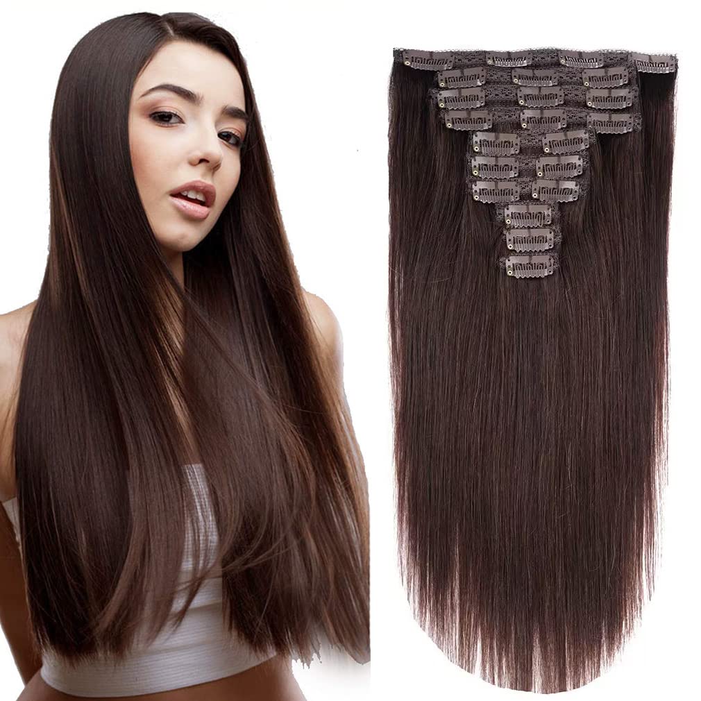 22'' Clip in Human Hair Extensions Full Head 200g 10 Pieces 22 Clips 2# Dark Brown Double Weft Brazilian Real Remy Hair Extensio