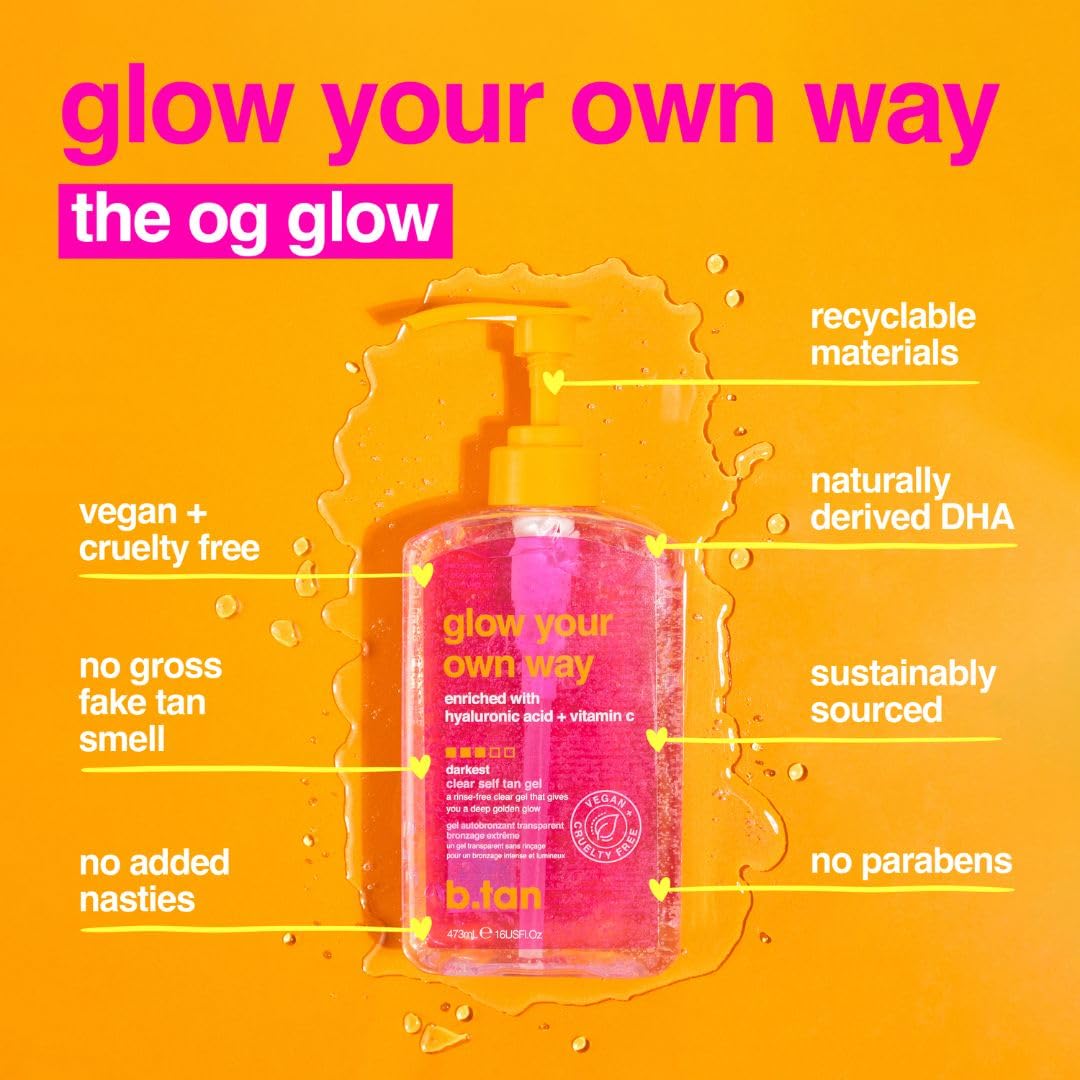 b.tan Best Clear Self Tanning Gel with Mitt | Glow Your Own Way Bundle - Quick Express Tanner Gel for Face and Body with Applica