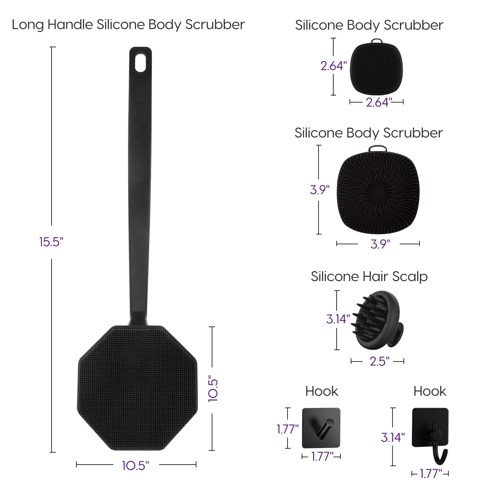 Silicone Scrubber Set For Men, Includes Back & Body Scrubbers, Face Brush, Scalp Massager, 4 Storage Hooks, Shower & Bathroom Hy