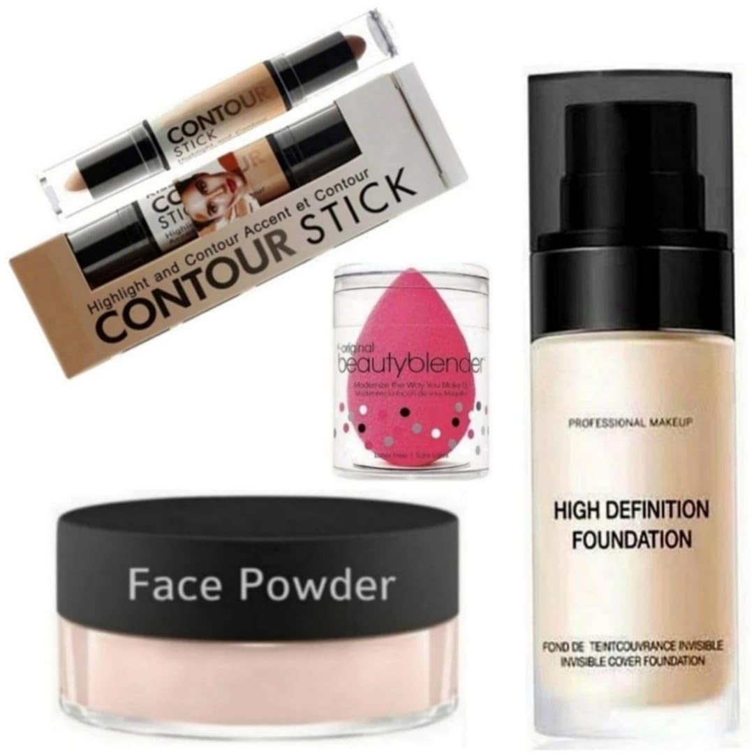 Huda Zone Waterproof Hd Moisture Foundation Concealer 2 In 1 Loose Powder & Makeup Blender (4 Items In The Set)