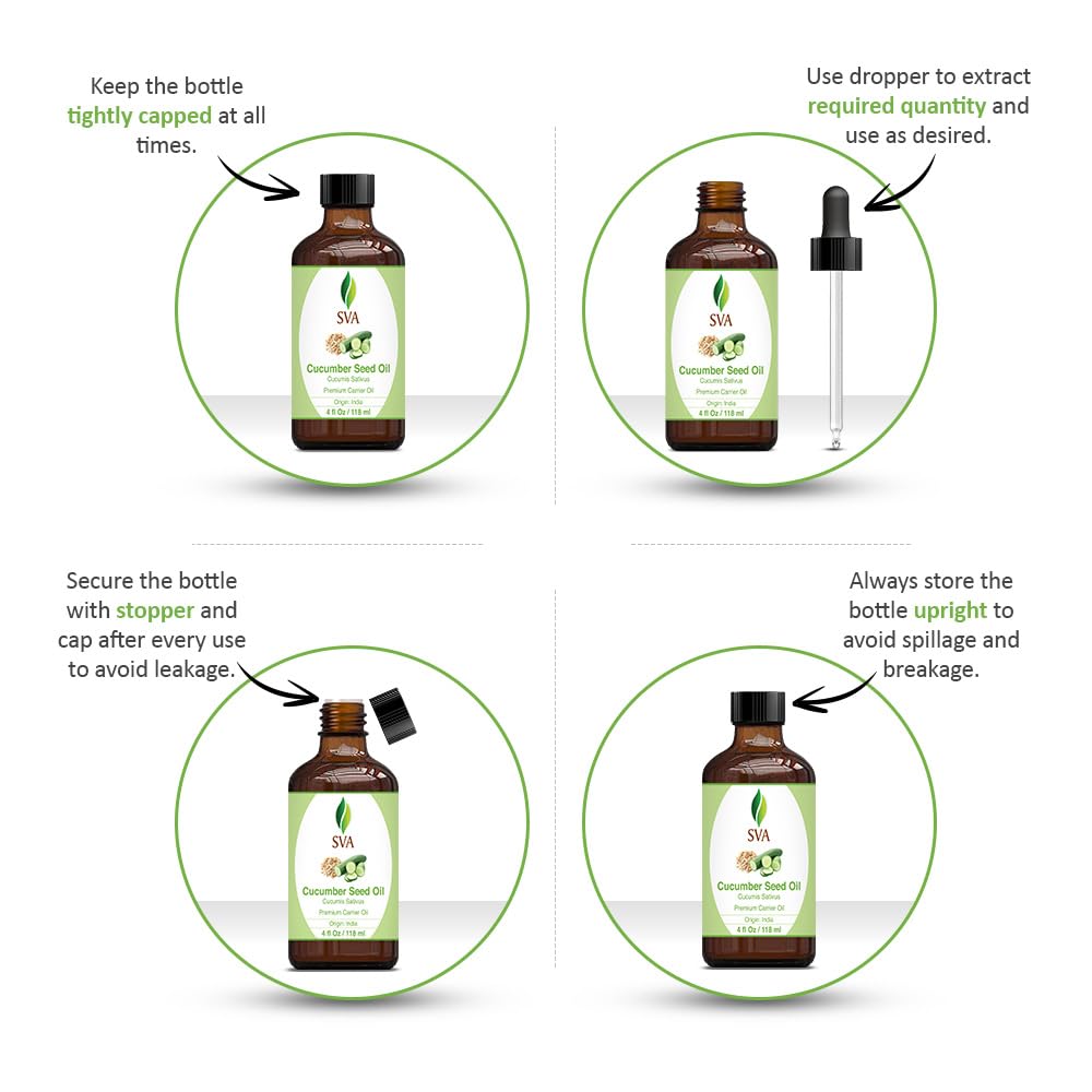 Sva Cucumber Seed Oil - 4 Fl Oz - 100% Natural Cold Pressed Cucumber Oil - For Face, Skin Care, Hair Care, Scalp Massage & Body