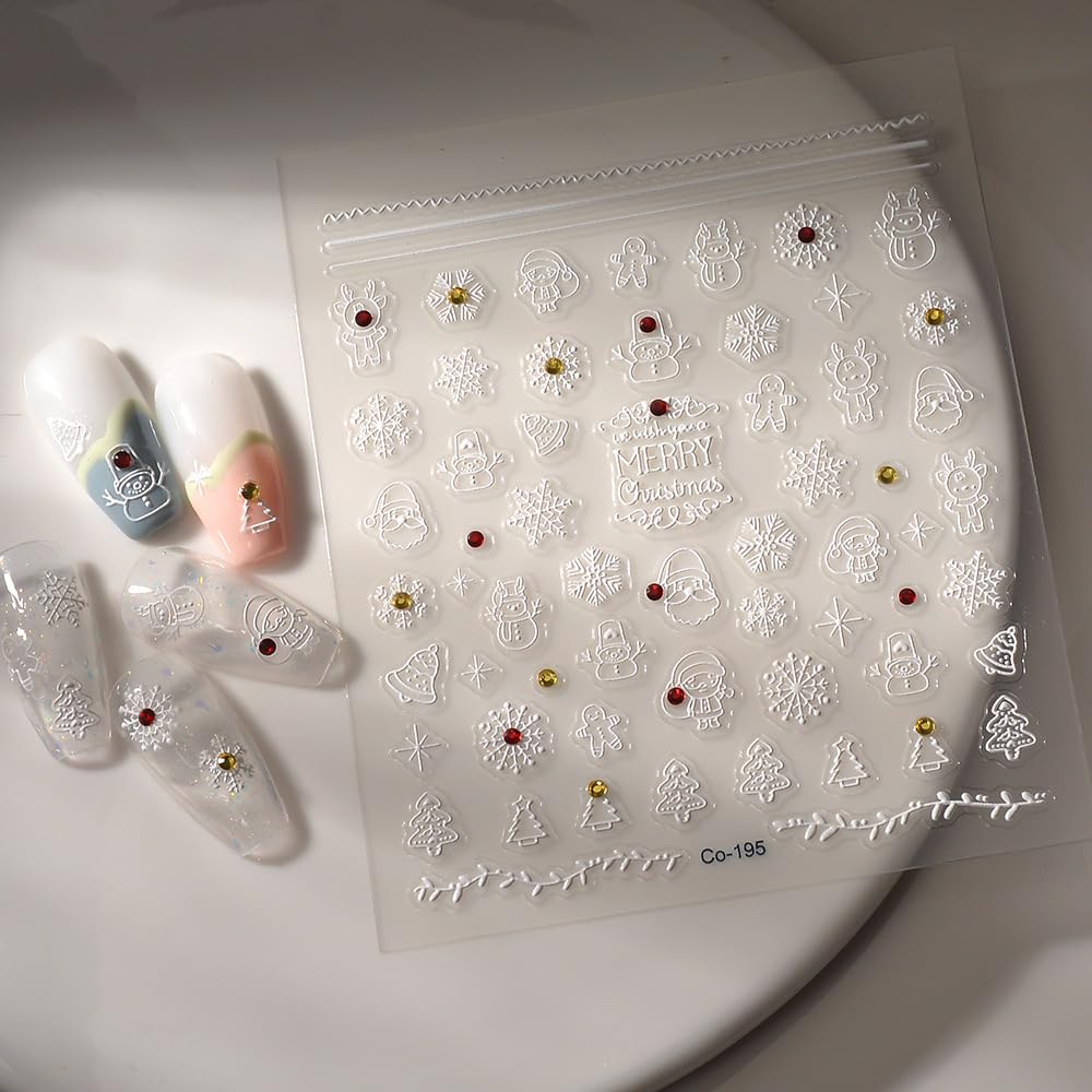 5D Embossed Christmas Nail Art Stickers Snowflake Nail Stickers Snowman Christmas Tree Nail Decals For Women Girls Winter Xmas H