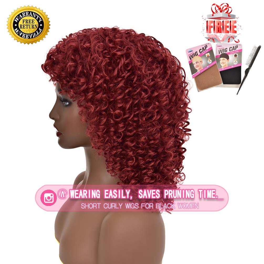 Rosmile Curly Wigs For Black Women -Burgundy Synthetic African American Full Kinky Curly Afro Hair Wig With Bangs (Free 1Pc Prof