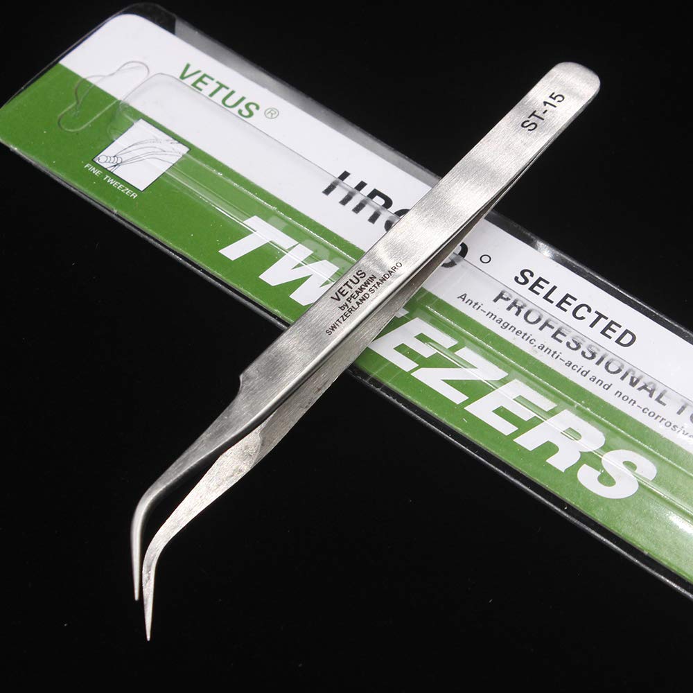 Vetus Tweezer Tool St-15 Non-Magnetic Stainless Steel Curved Slant Tip Eyelash Eyebrow
