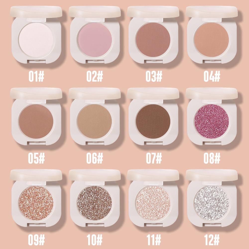 Feicuiyun Monochrome Glittler Eyeshadow, Light Shimmer Eyeshadow, Pressed Glitter Eyeshadow, Glittler Matte Pressed Powder Singl