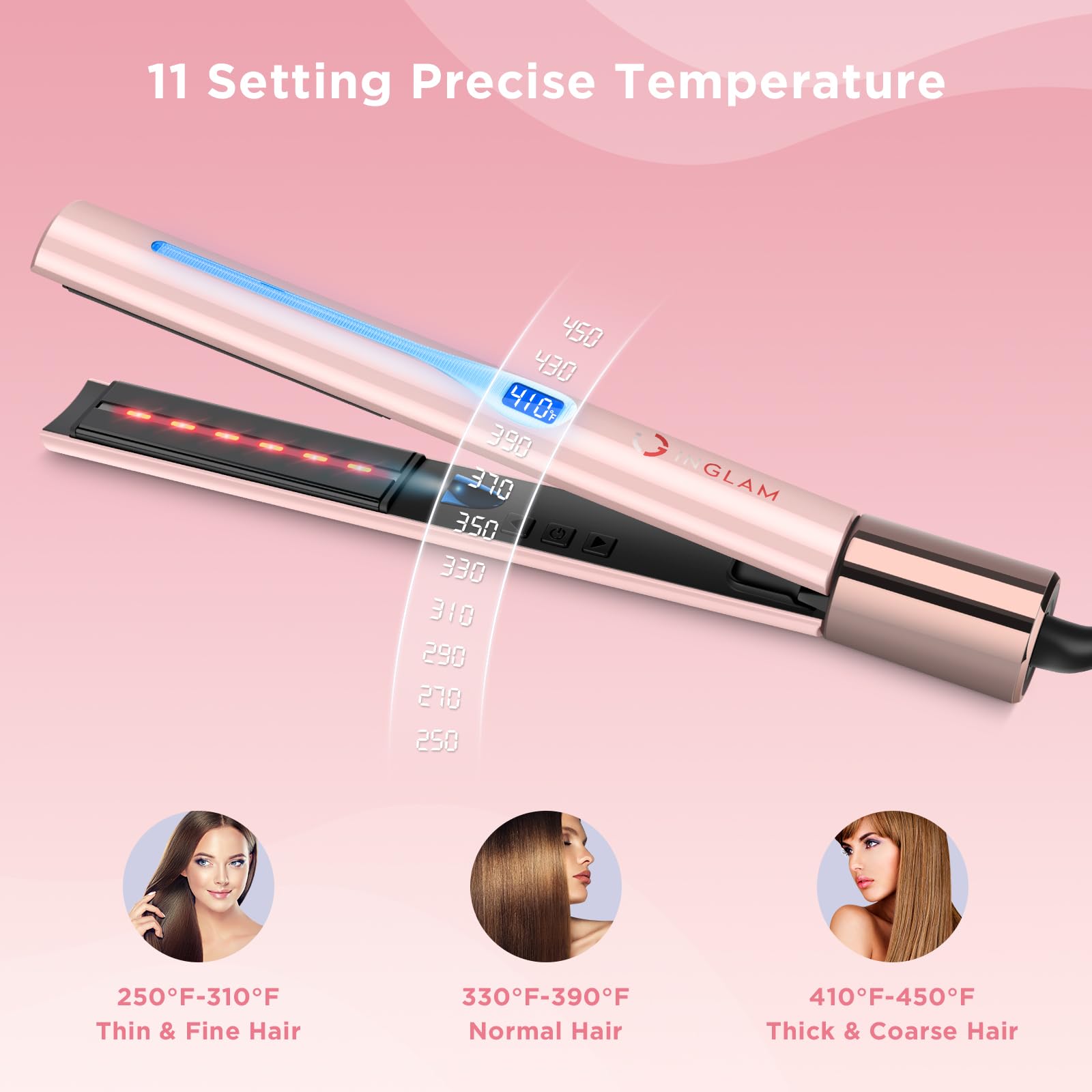 IG INGLAM Titanium Flat Iron Hair Straightener, Infrared Curling Iron 1 Inch, Negative Ionic Hair Iron Straightener 11 Adjust Te