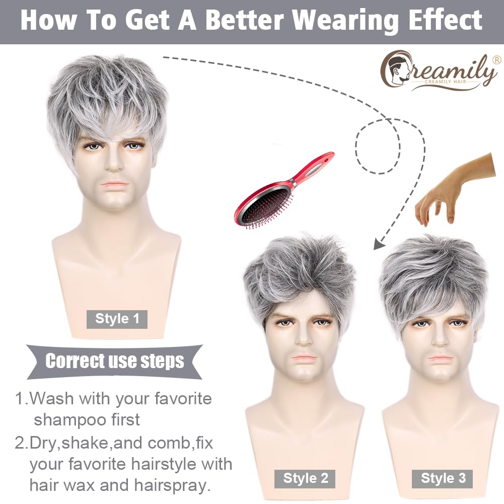 Creamily Mens Wigs Short Synthetic Layered Party Hair Full Wig For Male Guy Short Grey White Mix Black Wigs For Men