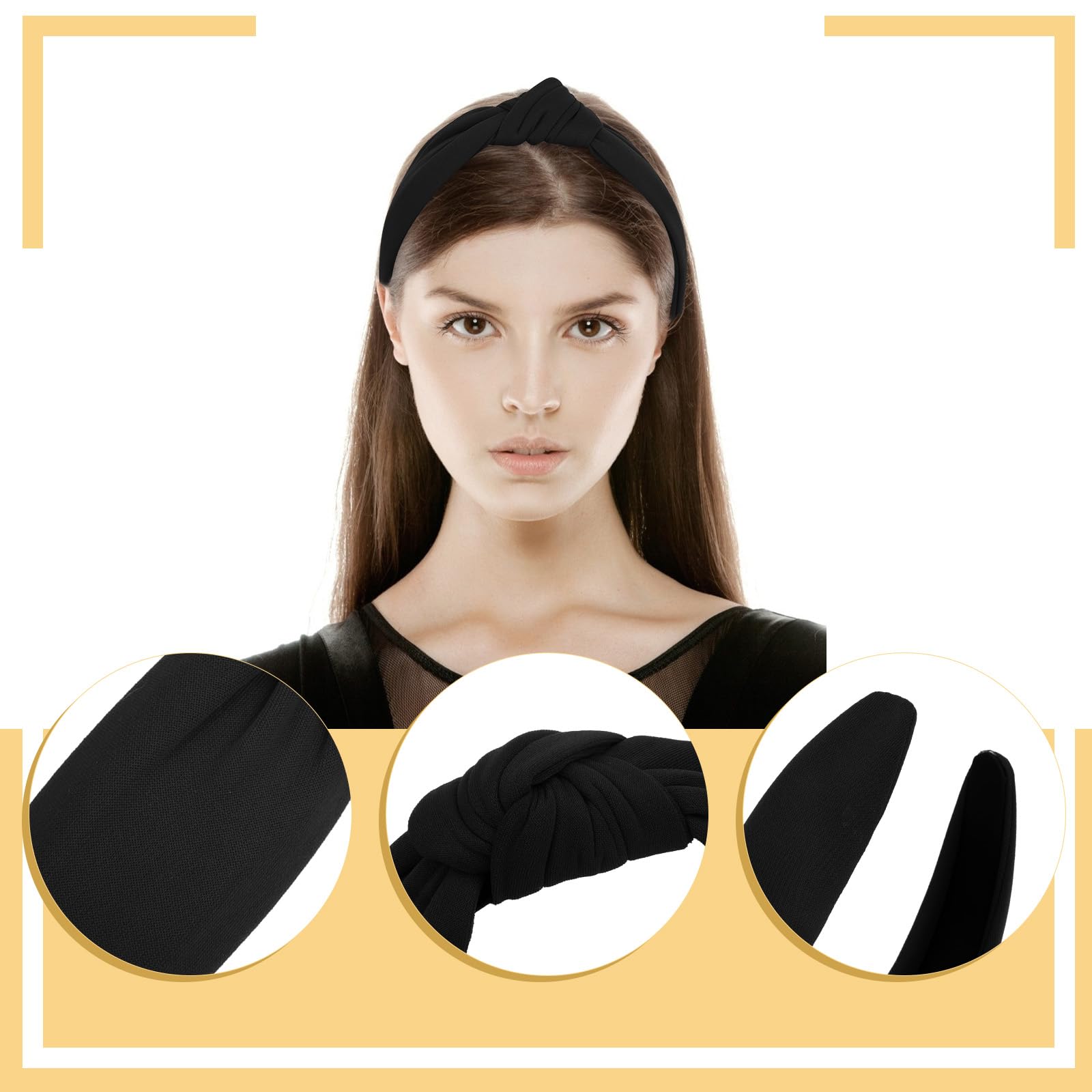 Ondder Black Top Knot Headbands - Cloth Wide Knotted Non-Slip Fashion Headbands For Women, Girls' Hair