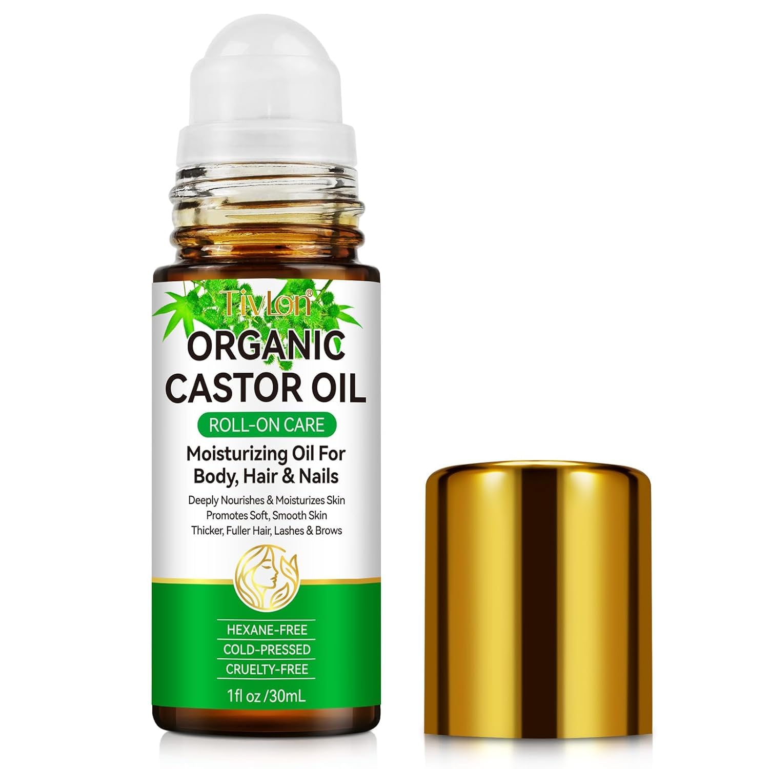 Acorn + Oak Organic Castor Oil for Hair Growth, Eyelashes & Eyebrows,100% Pure Cold Pressed Hexane Free Castor Oil, Roller Glass