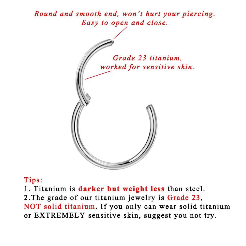 FANSING 10g Ear Gauge for Women & Men - Titanium Septum Rings Hoop - 10 Gauge Earlobe Piercing Hoop - 14mm Inner Diameter Hinged