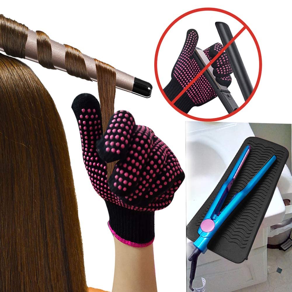 Heat Resistant Silicone Mat And Glove Set For Hair Straighteners And Flat Irons - 11'' X 6'' Mat, 8.7'' X 5.2'' Bump Glove, Blac