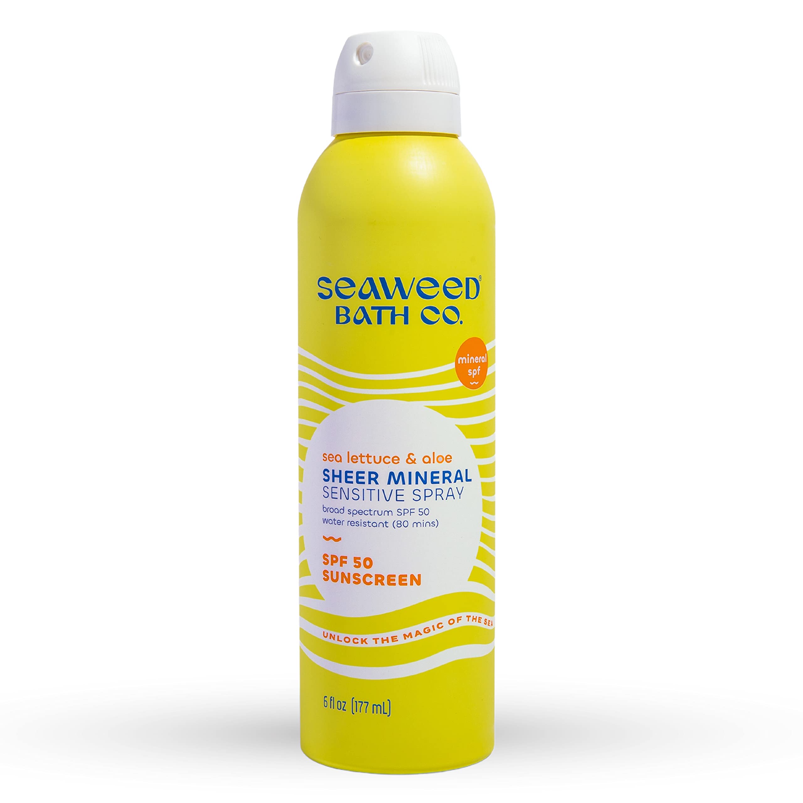 Seaweed Bath Co. Sheer Mineral Sensitive Spf 50 Broad Spectrum Sunscreen Spray, 6 Ounce, Fragrance Free, Sustainably Harvested S