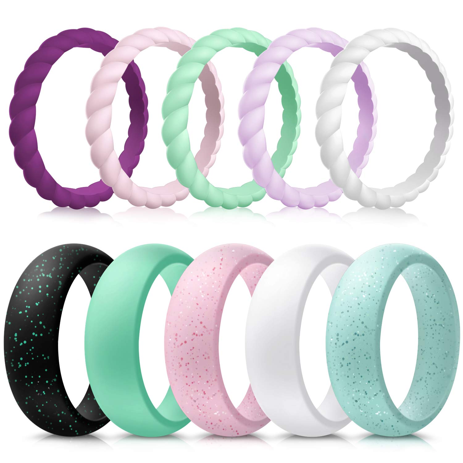 Forthee 10Pack Silicone Wedding Ring for Women, Thin & Braided Rubber Band