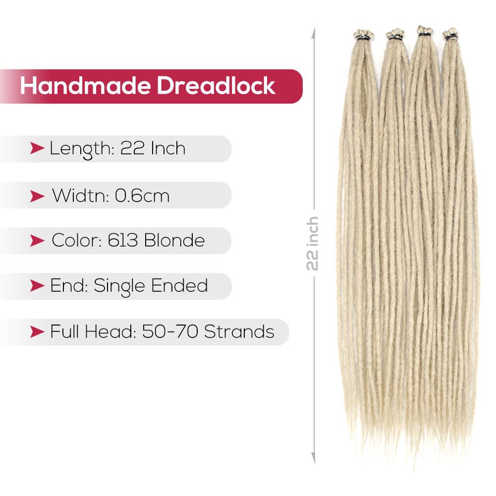 Kraler Dreadlock Extensions, 22 '' 613 Blonde Synthetic Crochet Dreads Extensions 100% Handmade Single Ended Dreads Thin 0.6cm W