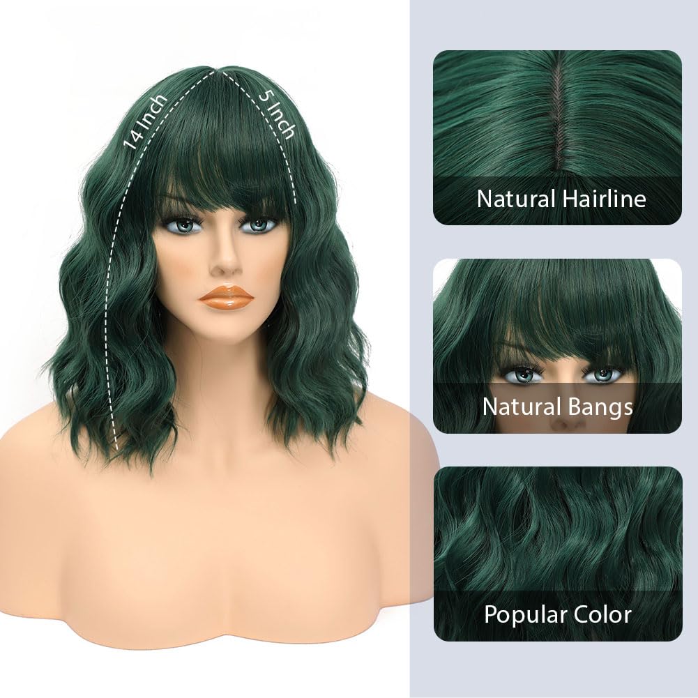 Losmoeer Dark Green Wig With Bangs Short Wavy Wigs For Women Shoulder Length Curly Bob Wigs Heat Resistant Synthetic Wigs For Ha
