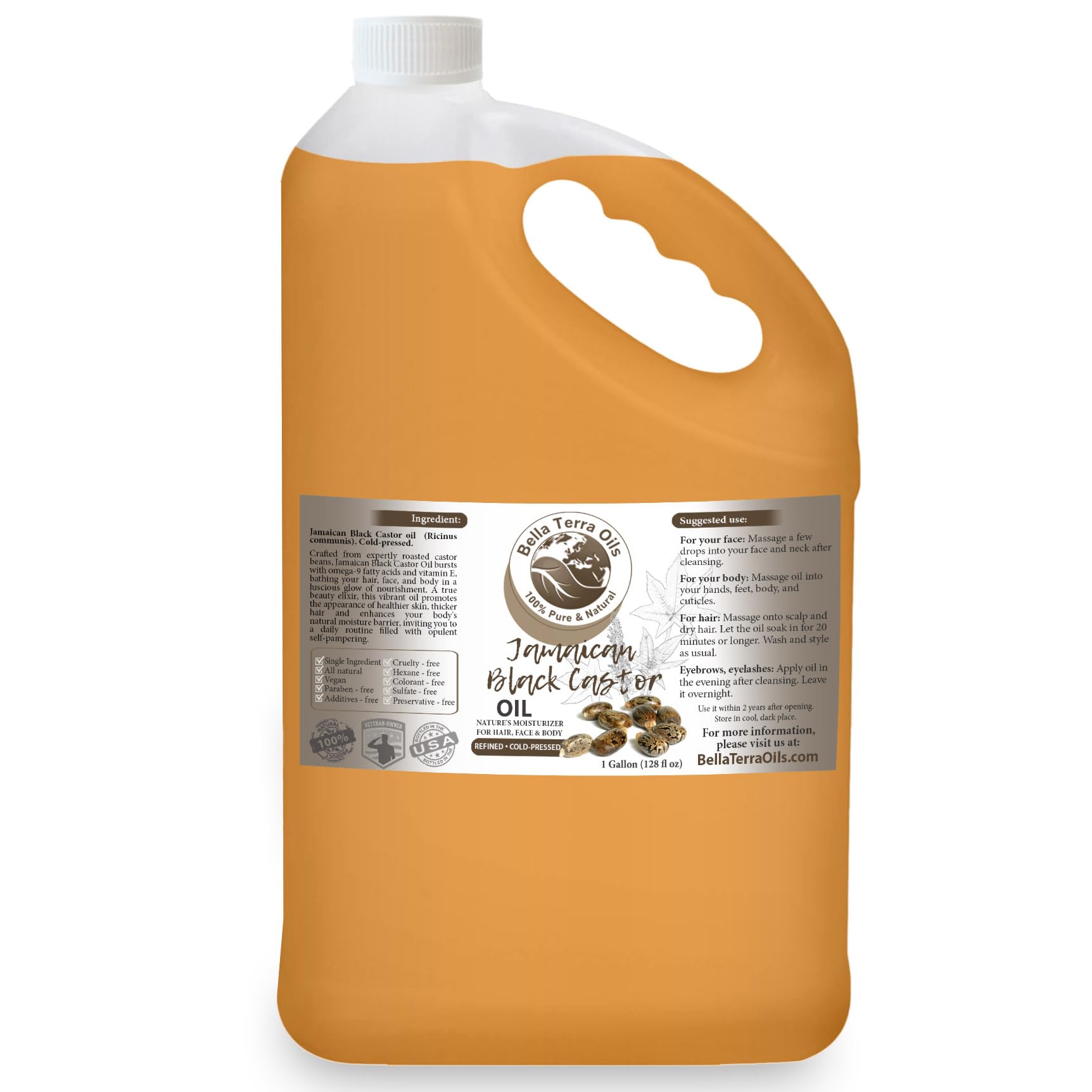 Bella Terra Oils Pure Black Castor Oil for Hair & Skin  1gallon, Fortifying & Moisturizing, Shine, Hydrate