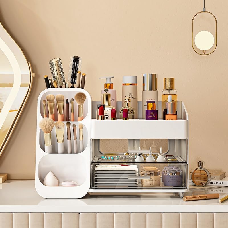 Kqjs Makeup Organizer With Drawers,Large Capacity Countertop Organizer For Vanity,Bathroom And Bedroom Desk Cosmetics Organizer,
