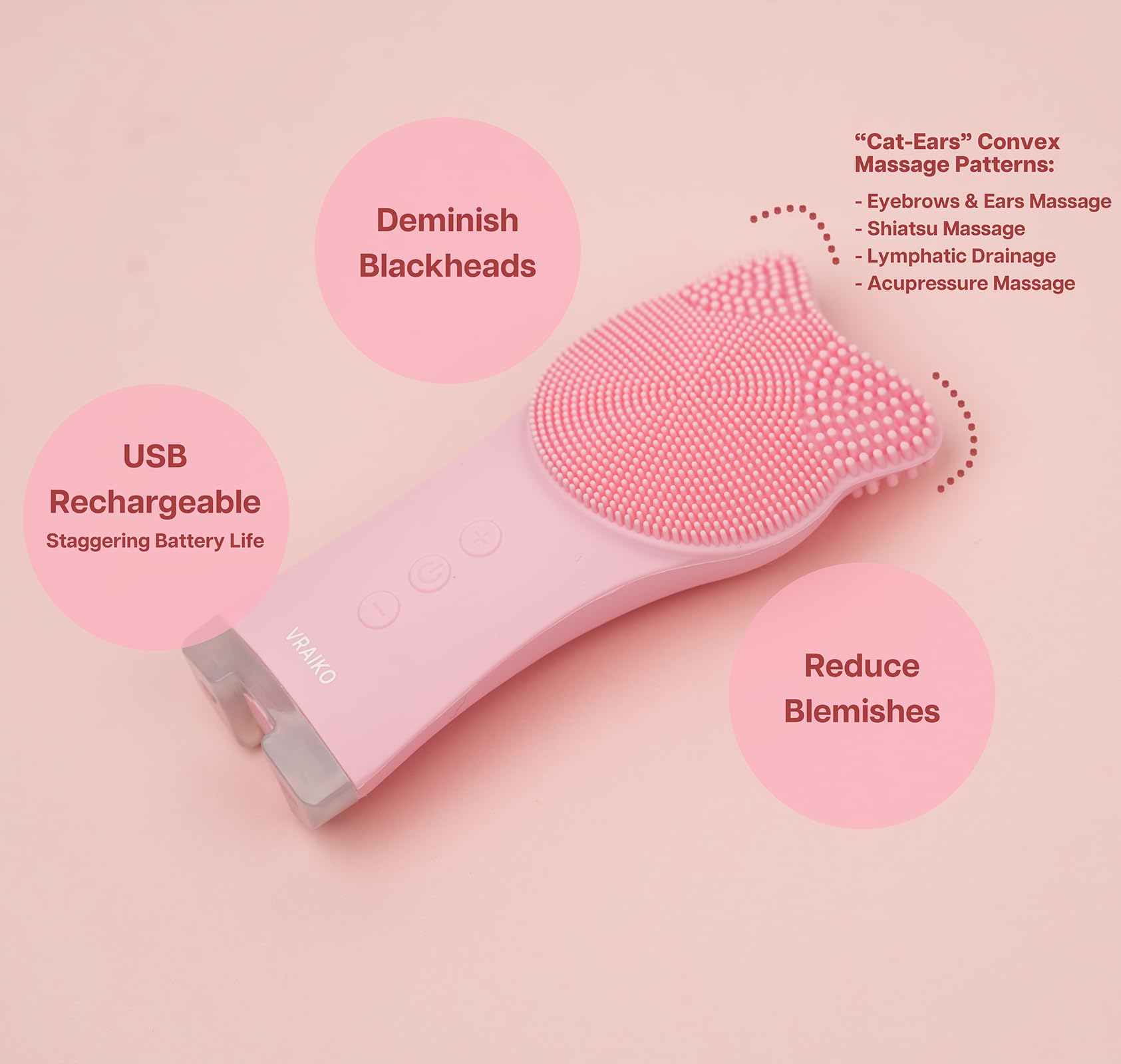 Vraiko Mia Facial Cleansing Brush, Waterproof Rechargeable Face Cleansing Brush, With Soft Silicone And Adjustable Sonic Vibrati
