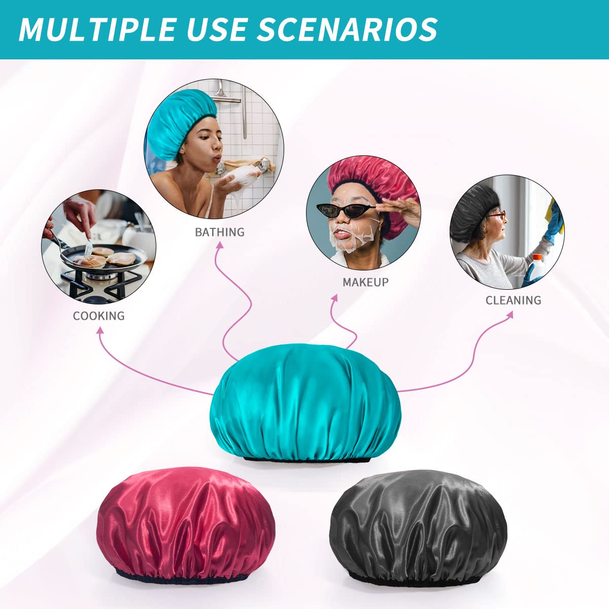 Aquior Shower Cap For Women Reusable, Extra Large Shower Cap For Men,Satin Eva Double Layer Waterproof Hair Cap For Long Hair, 4