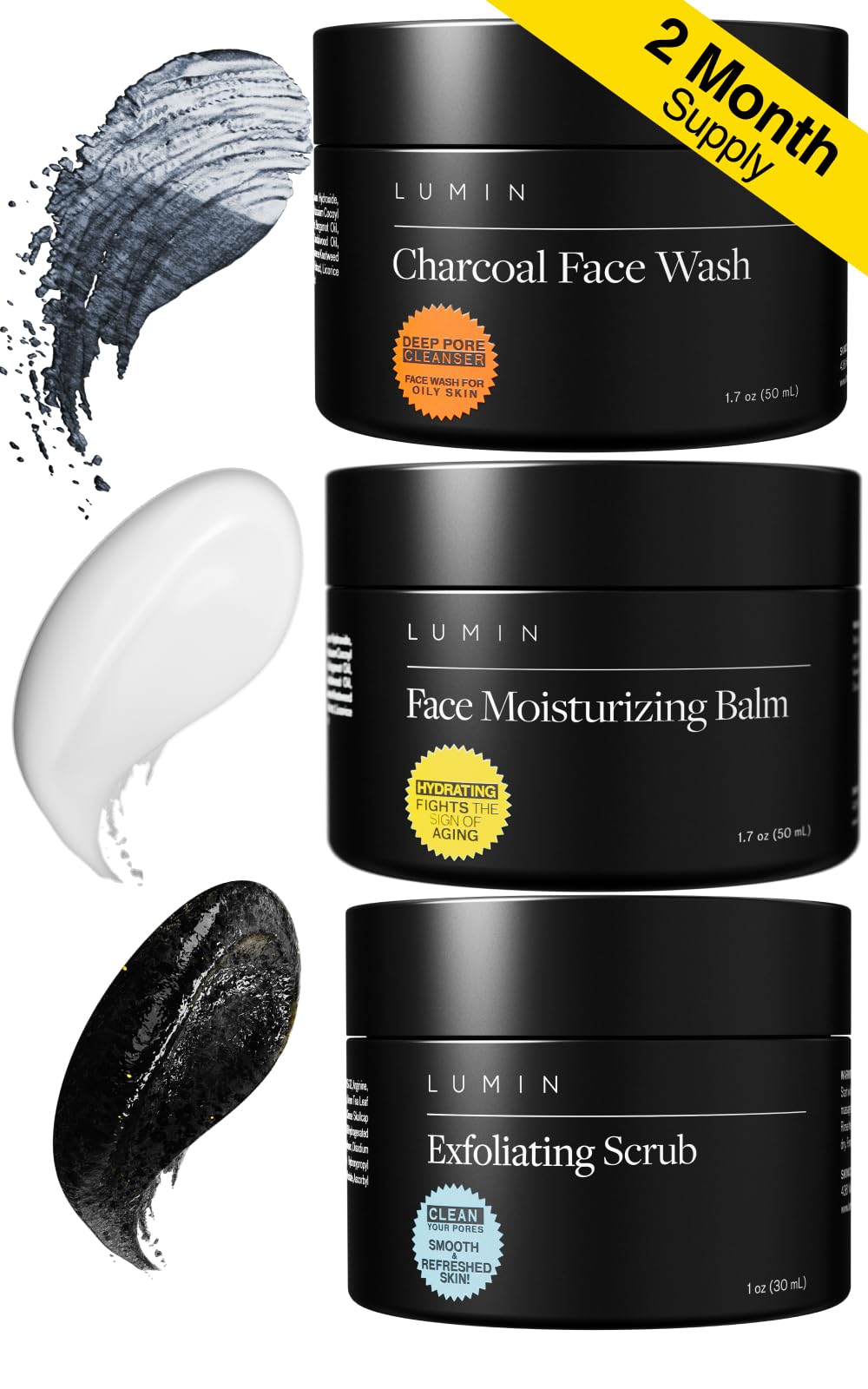 Lumin - Smooth Operator Detox Trio - Men's skincare kit, Includes: Charcoal Face Wash Daily Detox, Charcoal Scrub Deep Detox & D