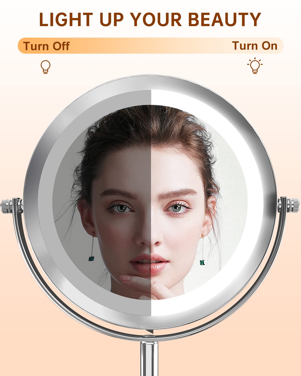 1X/10x Magnified Lighted Makeup Mirror Double Sided Round Magnifying Mirror Standing 360 Degree Swivel Vanity Mirror Battery Ope