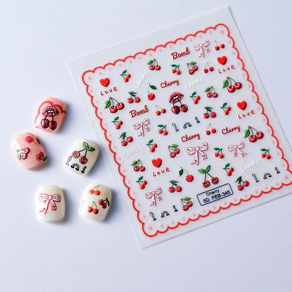 Fruit Nail Art Stickers 5D Embossed Cherry Nail Stickers Self-Adhesive Heart Love Bow Nail Decals For Women Girls Daily Wear Man