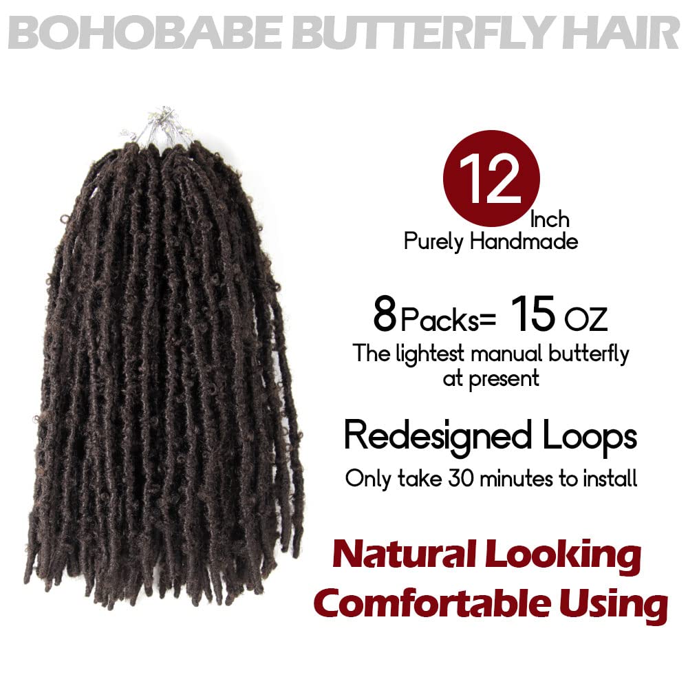 8 Packs Light Weight Butterfly Locs Crochet Hair 12 Inch Butterfly Faux Locs Crochet Hair Short Brown Distressed Butterfly Locs,