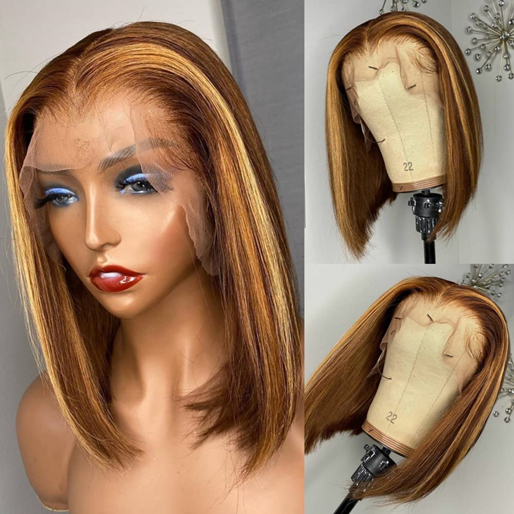 Hd Transparent Wear and Go Glueless P4/27 Highlight Bob Wig Human Hair 13X4 Frontal Lace Wig Ombre Brown Honey Blonde Highlight 